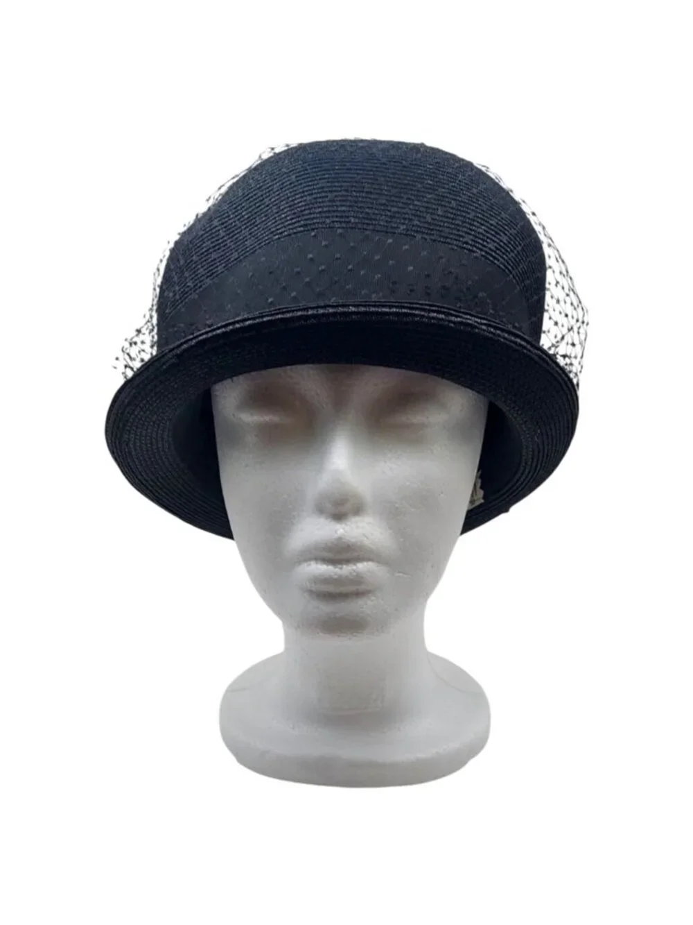Black Cloche Hat Raffia Straw W/ Birdcage Netting & Bow Evelyn Varon Exclusive